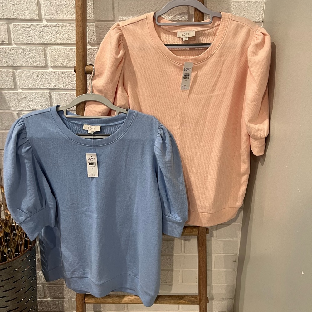 NEW Loft Bundle of 2 Cotton Tops w/Poof Sleeves, Light Blue & Pink, Sz M